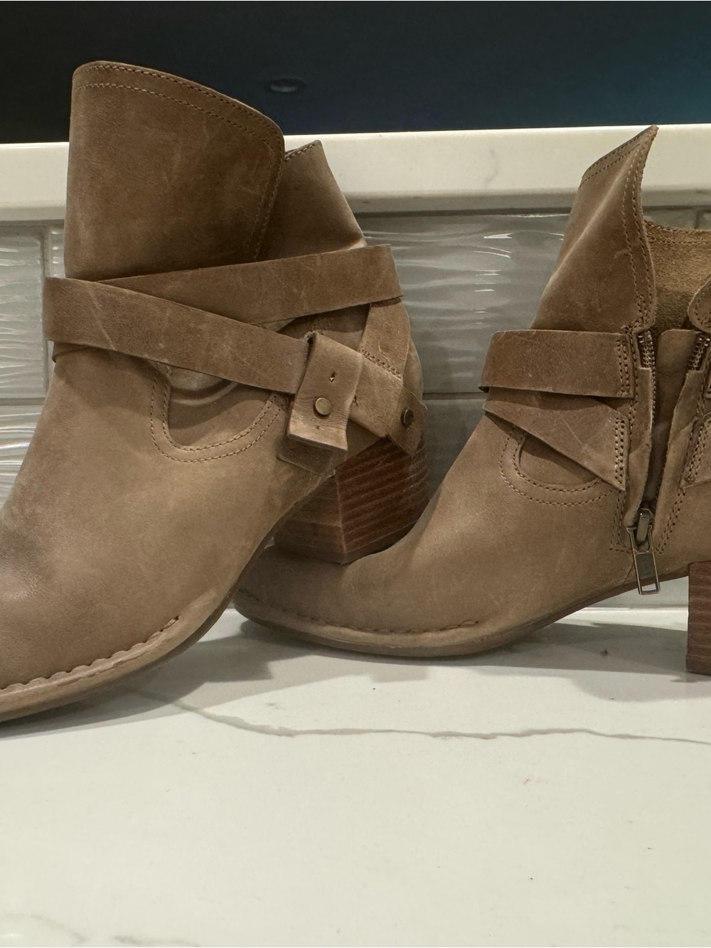 UGG Taupe Suede Ankle Booties with Wrap Strap